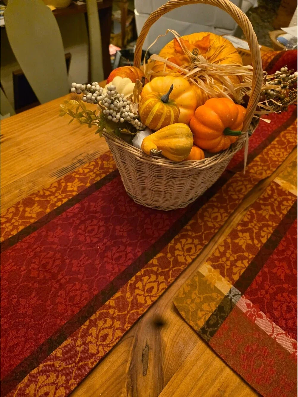Decorative Basket with Mini Pumpkins and Gourds table runner & placemats